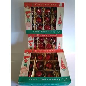 Vintage Red Christmas Tree Glass Ornaments 3 Boxes 36 Total Fantasia Santa Art